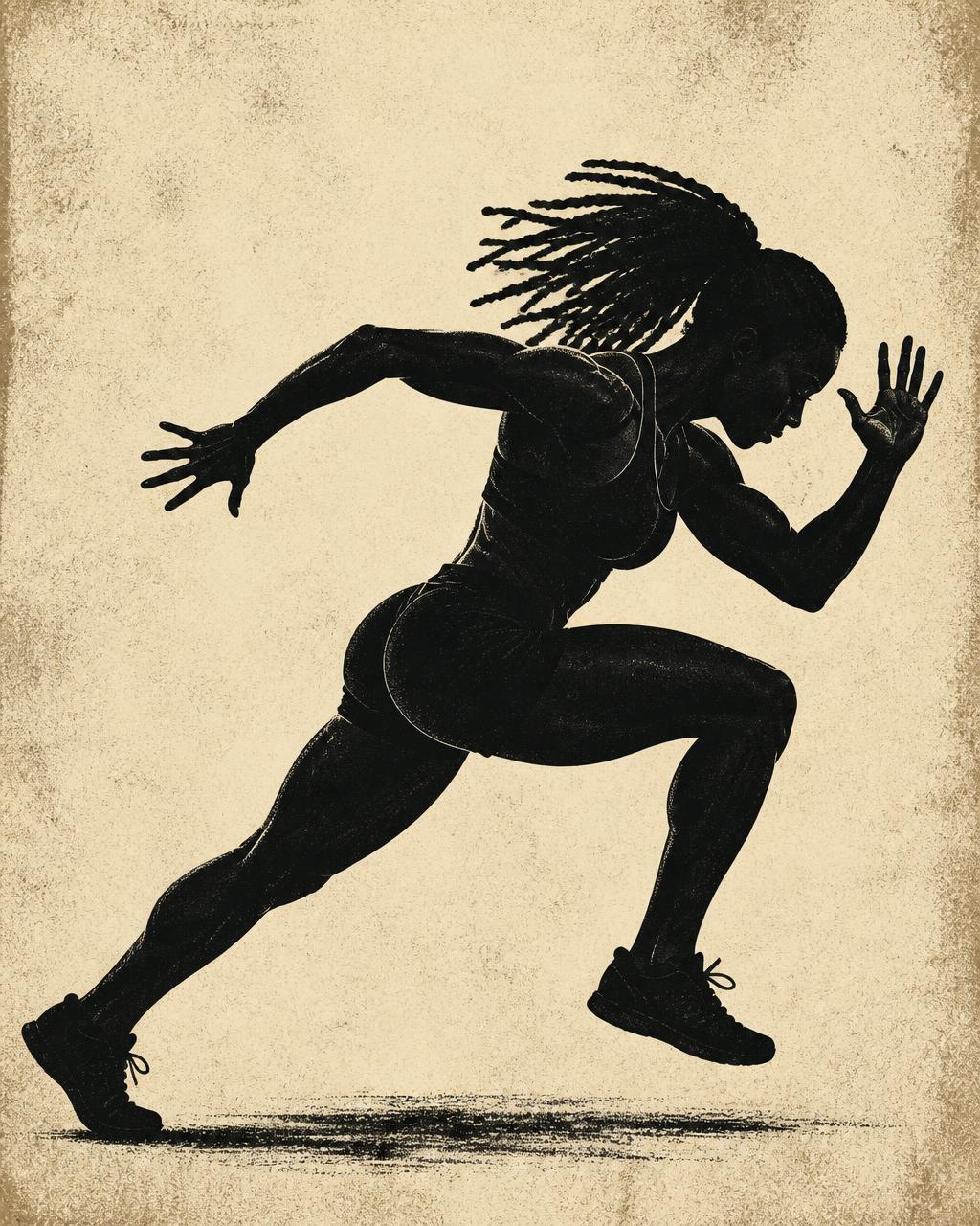 Black silhouette of an athlete in a powerful movement stance on parchment